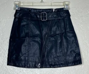 Free People Vegan Leather Moto Mini Skirt Black Belted Asymmetric Zip OB652915 0 thumbnail 1