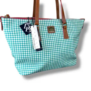 NEW Dooney & Bourke Sena Sea Foam Gingham Leather Zip Top Shopper Shoulder Bag thumbnail 6
