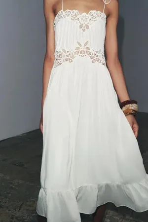 Zara White Lace Cotton Flowy Summer Bohemian Midi Dress thumbnail 11