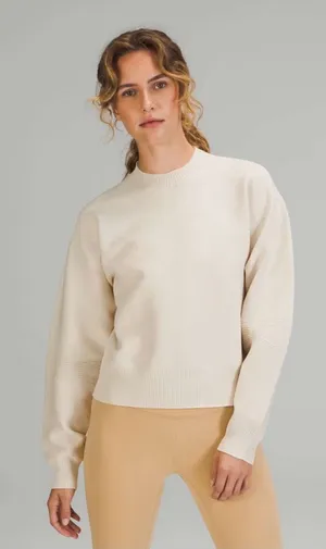 Lululemon All Around Crewneck Sweater White Opal Like New Size 8. Size tag missing- use measurements. Stretchy structured material. See pics for more info. Style W3ERJS 19.5-20.5” bust thumbnail 1