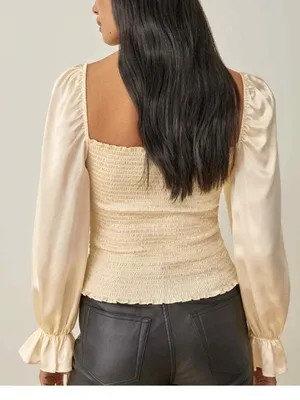 Reformation Chamomile top Smocked Square-Neck Satin puffed Sleeve romantic S thumbnail 2