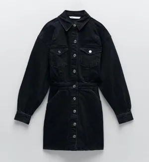 ZARA Washed Black Gray Denim Jean Jacket Button Down Mini Bodycon Dress thumbnail 1