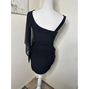 VTG Y2K Deb Black One-Shoulder Ruched Mini Dress -Rhinestone Strap& Sheer Sleeve thumbnail 4