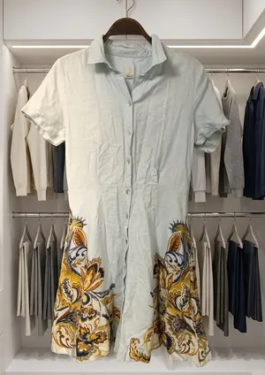 Joie Mint Short-Sleeve Button Front Dress with Yellow & Blue Floral Embroidery thumbnail 1