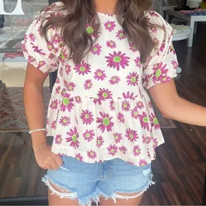 &MERCI medium ivory Hey Girl Flower Bubble Sleeve Top In White purple flowers thumbnail 1