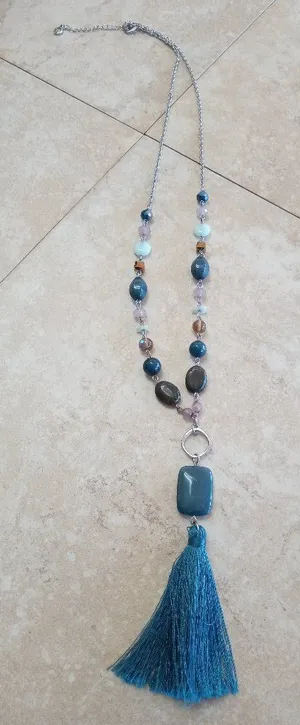 27" Boho Beaded Necklace | Peacock Teal Tassel & Extender-omg928 thumbnail 1