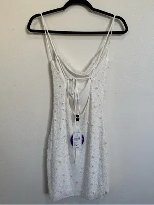 Windsor White Pearl Beaded Cowl Neck Mini Dress Open Back NWT Medium thumbnail 5