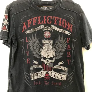 Affliction VERY RARE Grey Black Red Faded wash biker motorcycle skull crossbones wings goth grunge punk graphic tee tshirt top American Motor Club Fast Racer #jessepinkman thumbnail 2