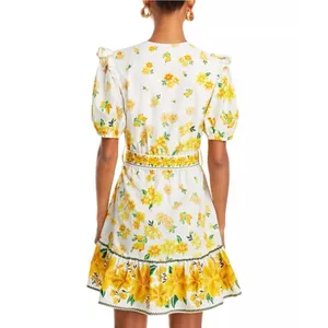 FARM Rio Azaleia Mini Dress M Yellow Floral Cotton Puff Sleeve V-Neck Missing Be thumbnail 3