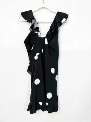 SNDYS. Morocco Mini Dress Black White Polka Dot Front Tie Cutout thumbnail 5