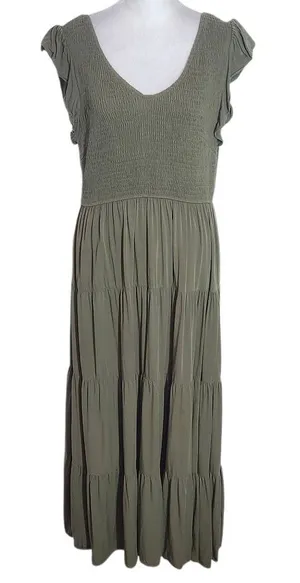 Pretty Garden Olive Green Smocked Midi Dress Size Large Green Cottagecore Dress thumbnail 1