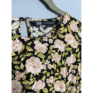 Zara Floral Puff Sleeve Mini Dress Size‎ Medium Retro Holiday Party Black Pink thumbnail 6