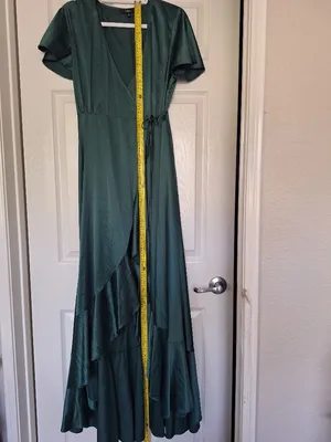Lulus Love Of Your Life Dark Green Satin Ruffled Wrap Maxi Dress M thumbnail 10
