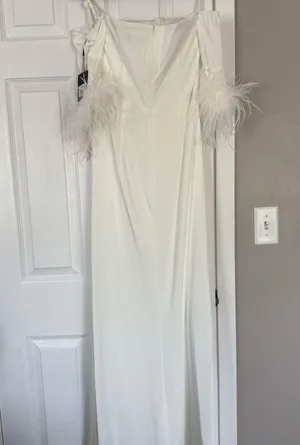 Mac Duggal Long Off Shoulder Feathers Formal Bridal Gown thumbnail 11