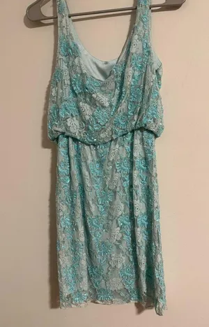 Alice + Olivia Sequin beaded turquoise aqua mini floral beaded lace dress thumbnail 4