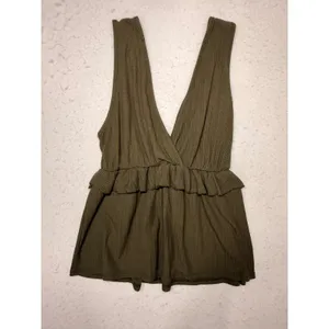 Womens Olive Green Ribbed V-Neck Peplum Wrap Top Sleeveless Ruffle Waist Blouse thumbnail 2