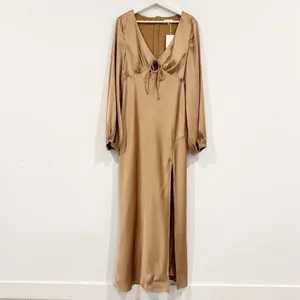 Billy J Brigitte‎ Dress Plus Size 20 Tan Satin Tie Front Maxi V Neck Old Money thumbnail 4