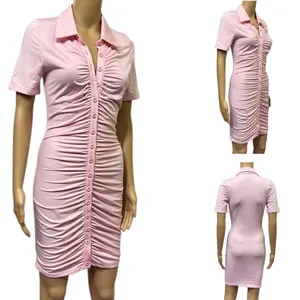 Source Unknown Pink Ruched Bodycon Full Button Front Short Sleeve Mini Dress Womens Small thumbnail 3