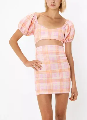 ASOS Design Women’s 6 Pink Orange Plaid Cut Out Puff Sleeve Zipper Mini Dress thumbnail 1