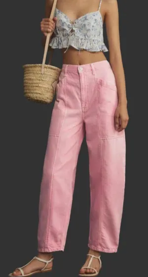 NWOT Pink High Rise Barrel Jeans Wide Leg Tapered Boyfriend Pants - Small thumbnail 1
