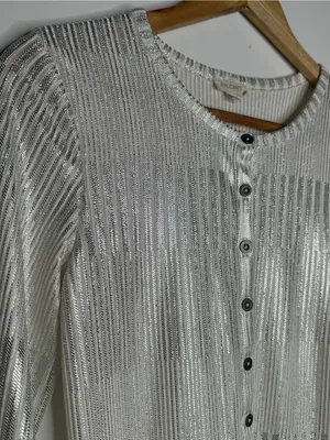 Pilcro Anthropologie Andie Silver Shimmer Ribbed Cardigan Sweater Size M thumbnail 7