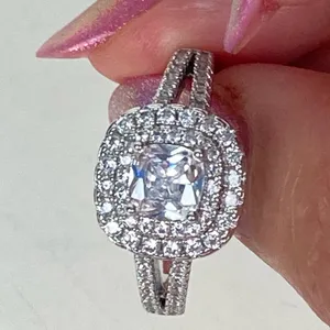 Diamond Look CZ Engagement Ring Halo Cushion Cut Silver Size 7.5 thumbnail 1