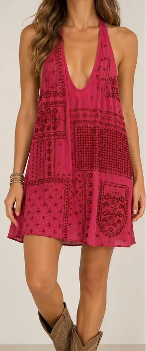 Free People Pink Embroidered Halter Mini Dress XS Boho Y2K Festival thumbnail 1
