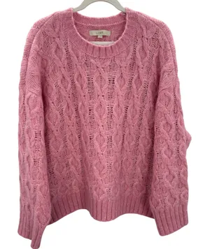 LOFT Pink Cable‎ Open Knit Crew Neck Sweater Womens XL Wool Blend Lightweight thumbnail 1