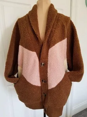 LUSH Women's Teddy Jacket Coat Color-block Brown Cream Pink Size S thumbnail 1