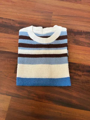 Crochet Striped Sweater Vest – Blue & Brown Coastal Knit thumbnail 2
