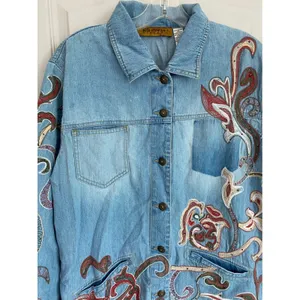 Erik‎ Stewart Vintage Denim Jacket Womens L Floral Embroidered Boho Size 2 thumbnail 6