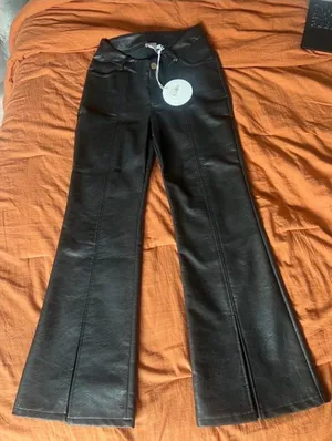 Princess Polly Black faux leather flare Pants Low Rise thumbnail 1