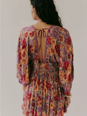 Free People Floral V-Neck Mini Dress in Lavender & Peach thumbnail 5