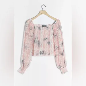 Anthropologie Smocked Crop Top Long Sleeve Sheer Sleeve Blouse Pink Print Size S thumbnail 2