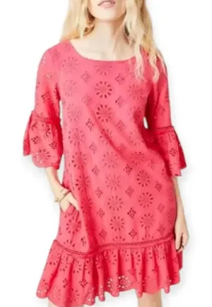Anthropologie Pink‎ Eyelet Shift Dress Sz 8 Boho Ruffle Embroidered Feminine thumbnail 1