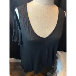 Free People Black Cold Shoulder V-Neck Flutter Sleeve Linen Blend Top Small thumbnail 4