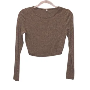 Woman’s Small Brown Ribbed Knit Crop Top and Wide-Leg Pants Set thumbnail 5