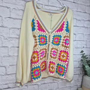 Umgee Crochet Granny Square Cardigan Sweater L XL Boho Knit Button Front Cream thumbnail 2
