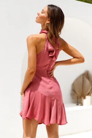 Hello Molly Satin Looking Cute Halter Neck Asymmetrical Skirt Mini Dress Rose thumbnail 4