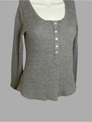 Lucky Brand Gray Ribbed Scoop Neck Henley Long Sleeve Top thumbnail 3