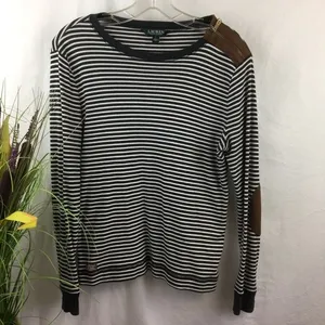 Lauren RL Black & White Striped Leather Elbow Patch Long Sleeve Tee L thumbnail 3