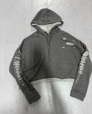 PacSun Distressed Cropped Hoodie Charcoal Gray Shredded Sleeve Streetwear Pullover thumbnail 1