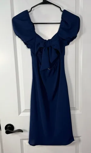Altar'd State Navy Blue Ruched Off-the-Shoulder Bow-Back Mini Dress thumbnail 1
