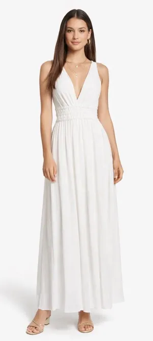White V-Neck Smocked Waist Flowing Sophisticated Sleeveless Maxi Dress thumbnail 1