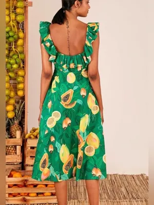 Farm Rio Green Papaya Salad Midi Dress Sz Small Floral Tropical Vacation Resort thumbnail 2