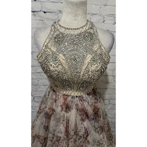 Camille La Vie beaded bodice multi layer tulle floral Halter Neck gown Size 4 thumbnail 2
