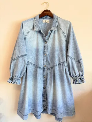 We the Free Hannah Denim mini dress buttondown, pockets, acid wash, Sz L thumbnail 3
