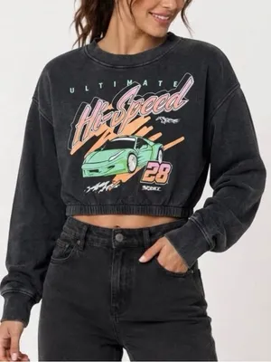 H&M Divided Women’s Ultimate Hi-Speed Racing Car Faded Black Cropped Sweater M thumbnail 1