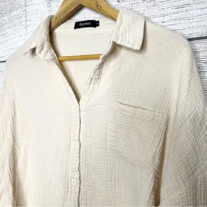 Neutral Cream Button-Up Shirt & Casual Drawstring Shorts Summer Set Size Small thumbnail 4