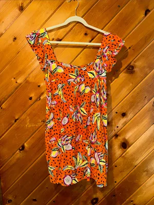 Anthropologie Kourt Aria linen blend tropical fruit babydoll mini dress thumbnail 2